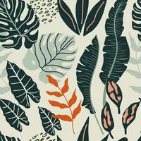 Modern seamless pattern with tropical leaves and abstract geometric shapes. vector