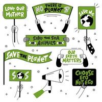 Set of hand-drawn vector banners protesting pollution and climate change.