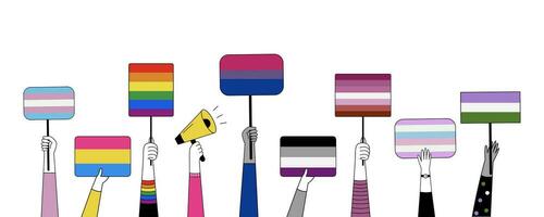 Human hands are holding signs, banners, and placards with flags of sexual identity. vector