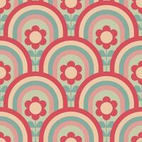 Groovy seamless pattern with geometric shapes and flowers. vector