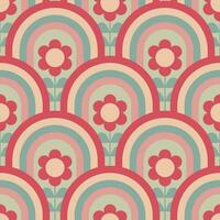 Groovy seamless pattern with geometric shapes and flowers. vector