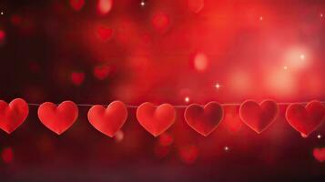 AI generated Valentine's day background with red hearts and bokeh lights. photo