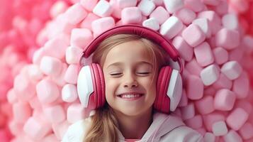 ai generado contento pequeño niña con auriculares en un rosado antecedentes. infancia, tecnología y humano concepto. foto