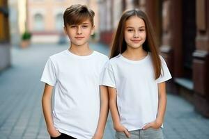 AI generated Portrait of a cute little boy and girl in white t-shirts. Mockup. photo