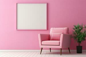 AI generated Pink armchair in modern interior with empty poster on wall. photo