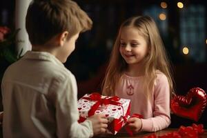 ai generado linda pequeño chico y niña participación un regalo caja. foto