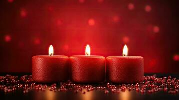 AI generated Valentine's Day background with candles and hearts on a red bokeh background. photo