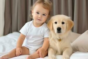 ai generado adorable pequeño niña sentado en cama con dorado perdiguero. bebé cuidado concepto, blanco bebé traje Bosquejo. foto