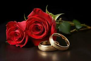 AI generated Wedding rings and red roses on black background, close-up. photo