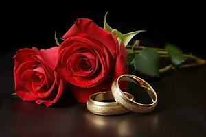 AI generated Wedding rings and red roses on black background, close-up. photo