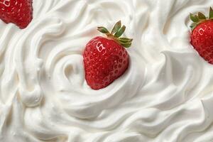 AI generated Strawberries with whipped cream, close-up. photo