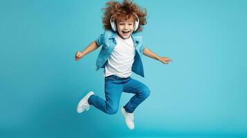 AI generated Cute little boy listening to music on headphones against a blue background. photo