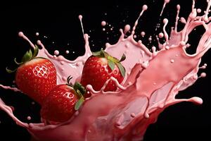 AI generated Strawberries in milk splash isolated on black background. photo