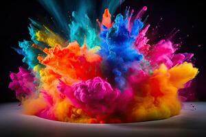 AI generated Colorful paint splashes isolated on black background. photo