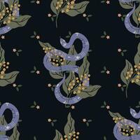 Seamless pattern with purple snakes and flowers. vector