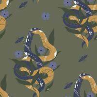 Seamless pattern with colorful snakes and flowers. vector