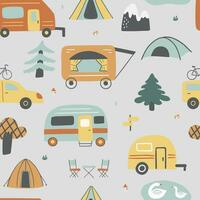 Camping seamless pattern with motorhome, camper, tent, forest, trees and etc. vector