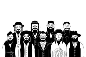 Jews characters in kippah, tefillin, fedora, and homburg. vector