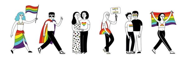 Banner with a group of people participating in a Pride parade. vector