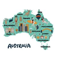 Map of Australia with its architecture, culture, and Australian people. vector