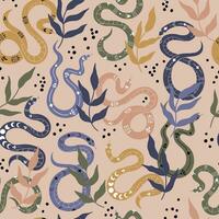 Seamless pattern with colorful snakes and leaves. vector