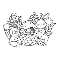 Pascua de Resurrección colorante conejo, polluelo, flores y huevos en cesta. vector