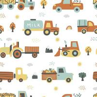 Nursery background with tractors, trees, sun, rainbow, and clouds. vector