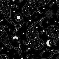 Magical seamless pattern with whales, stars, zodiac signs, planets, moon, sun, meteorites. vector