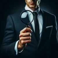 AI generated Businessman in a suit holds a magnifying glass in front of him photo