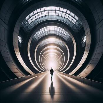 AI generated man walks towards the light inside a round futuristic tunnel in the shape of a ring photo