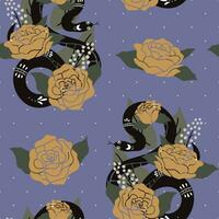 Seamless pattern with snakes and yellow roses. vector