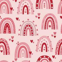 Valentine's day seamless pattern with rainbows and hearts on pink background. vector