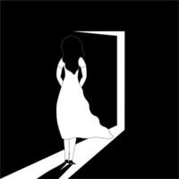 A woman stands in front of an open door and does not dare to enter. vector