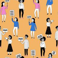 Protesting women with placards, signs and a megaphone in their hands, seamless pattern. vector