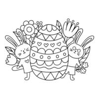 Easter Coloring with rabbit, flowers and eggs. vector