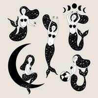 A magical set of mermaids, stars, zodiac signs, planets, moon, meteorites. vector