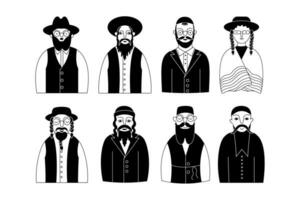 Jews characters in kippah, tefillin, fedora, and homburg. vector