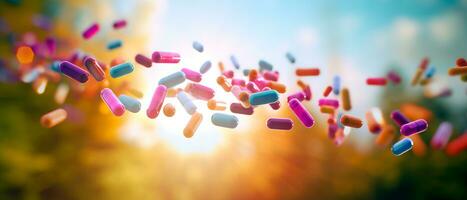 AI generated Banner for pharmacy and medicine. Multicolored pills and capsules floating over blurred background with empty space for text. Motion blur. Medical and addiction concept. photo