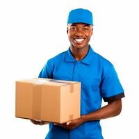 AI generated Afro-american delivery man holding a cardboard box. Isolated photo ready to use. AI Generated