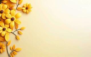 AI generated Header with flowers on yellow background. Greeting card template for mothers, womans day. Floral composition with empty space for text. photo