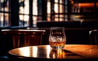 AI generated Glass of fresh and cold whiskey over nice wooden table at bar with sunlight from window. Still life photo of whiskey for product presentation with copy space. AI Generated