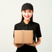 AI generated Asian delivery woman holding a cardboard box. Isolated photo ready to use. AI Generated