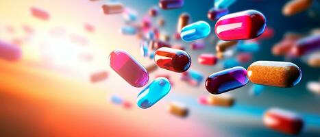 AI generated Banner for pharmacy and medicine. Multicolored pills and capsules floating over blurred background with empty space for text. Motion blur. Medical and addiction concept. photo