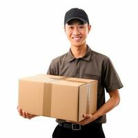 AI generated Asian delivery man holding a cardboard box. Isolated photo ready to use. AI Generated