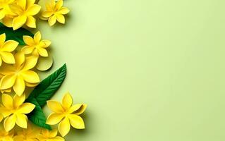 AI generated Header with flowers on green background. Greeting card template for mothers, womans day. Floral composition with empty space for text. photo