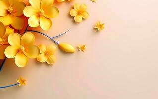 ai generado encabezamiento con flores en amarillo antecedentes. saludo tarjeta modelo para madres, mujeres día. floral composición con vacío espacio para texto. foto