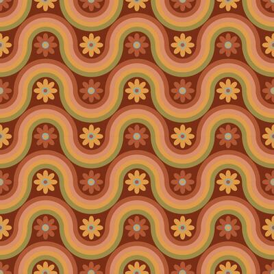 Groovy seamless pattern with geometric shapes and flowers.