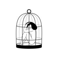 un triste niña se sienta en un jaula y sostiene su cabeza con su manos. vector