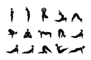 Plus size Woman doing yoga exercises, set. vector