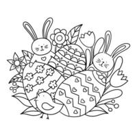 Easter Coloring with rabbit, flowers and eggs. vector